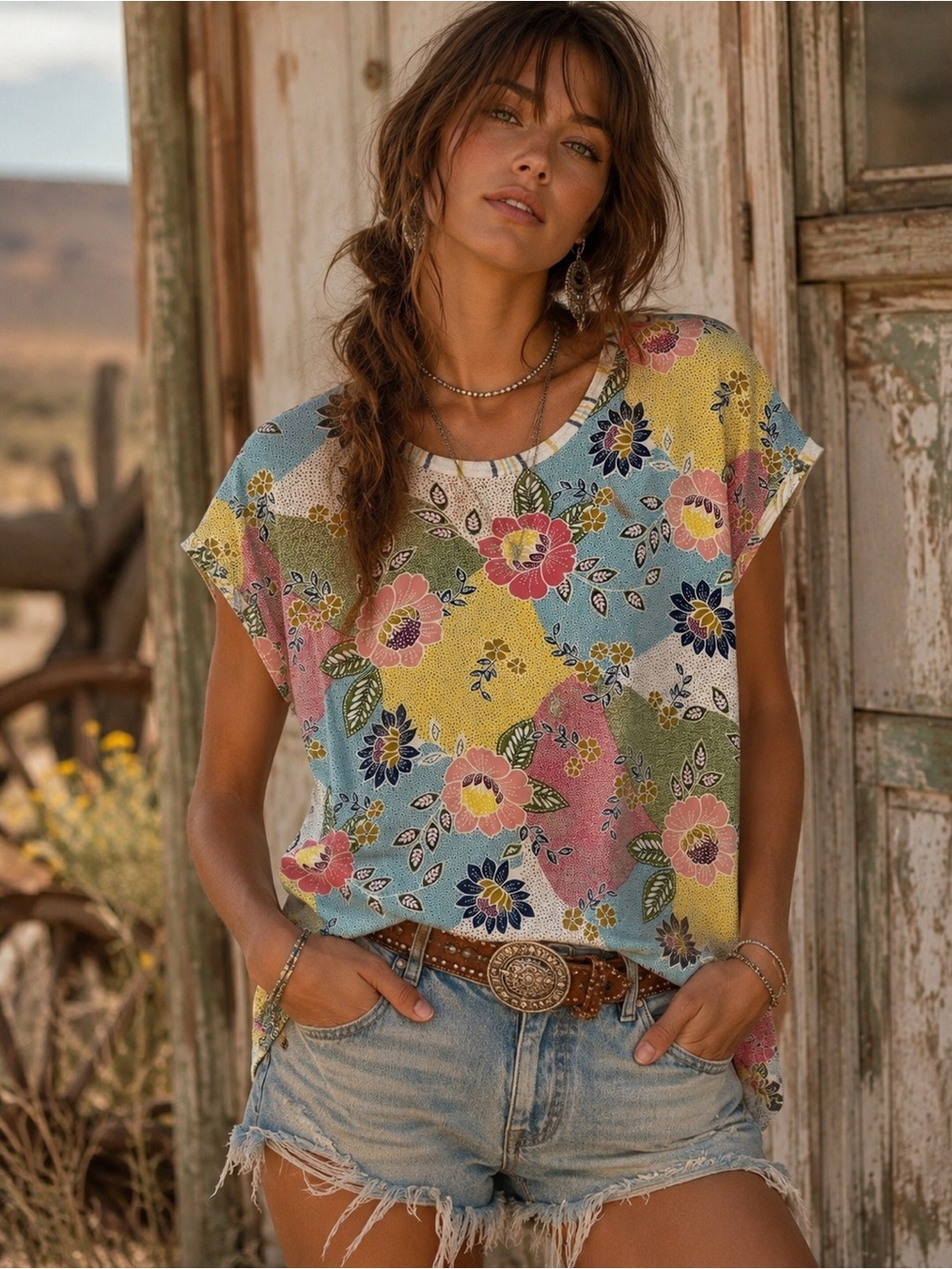 Haly Solar | Floral Patchwork Top Upcycled Rayon Made in LA | Small